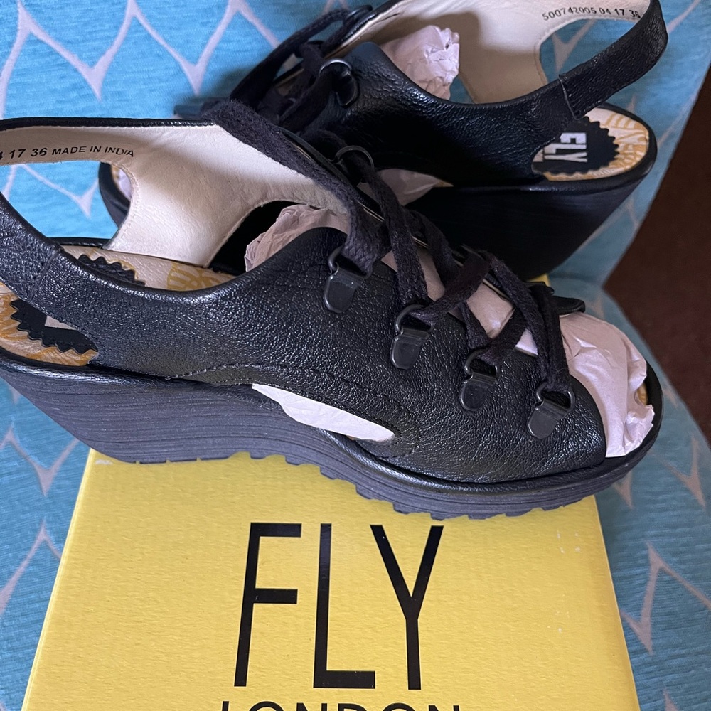 Fly London Black Women's Wedge Sandals